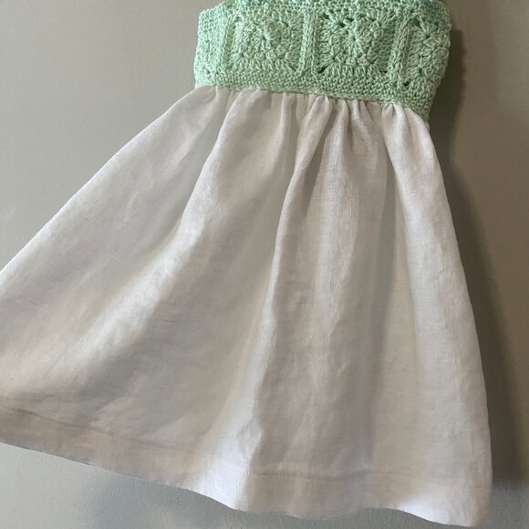 Handmade Baby Size 3 Months Green White Cotton Crochet Linen Bow Dress - Picture 13 of 14